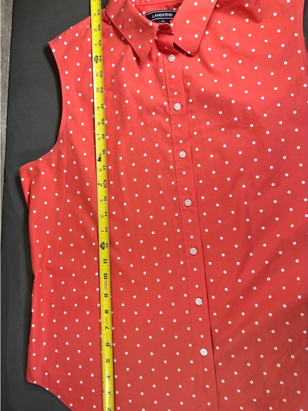Lands' End Sleeveless Polka Dot Button-Down Blouse - Coral/White - Size 16 - Picture 8 of 8